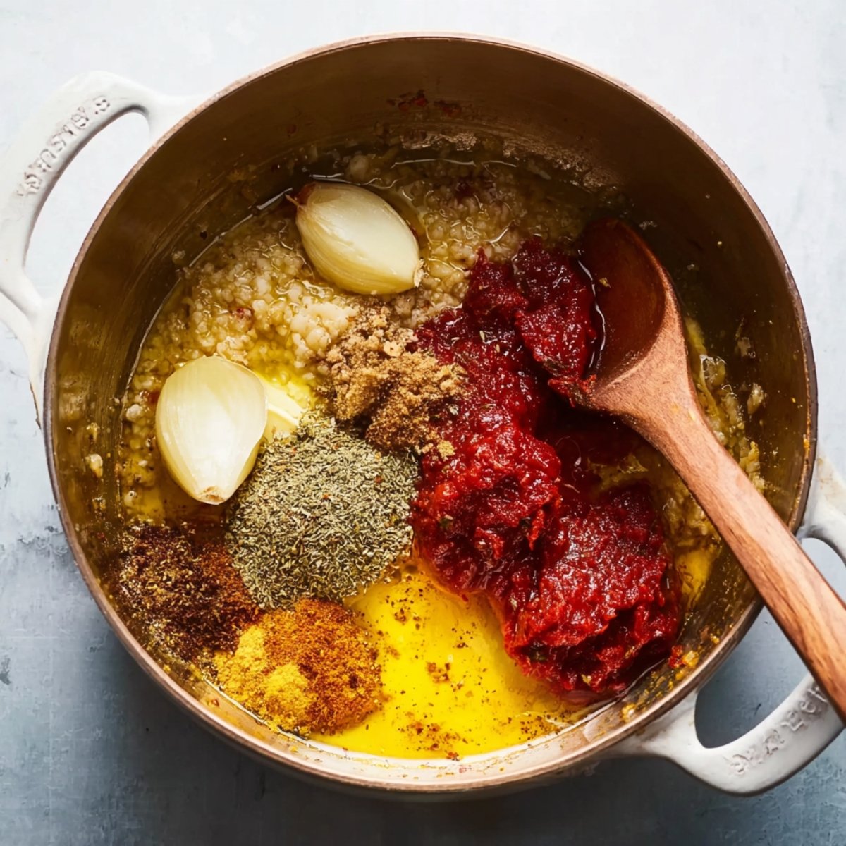 Close-up of a pot with sautéed garlic, onions, butter, tomato paste, and a variety of spices, ready to be mixed for a flavorful butter chicken sauce.