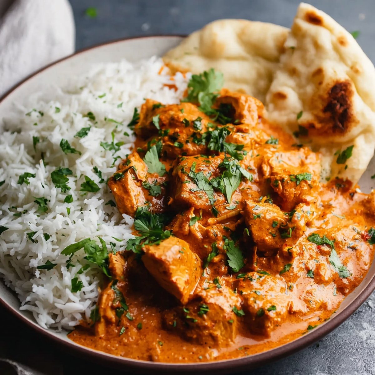 A bowl of creamy butter chicken served with fluffy white rice, naan bread, and garnished with fresh cilantro, ready to enjoy.