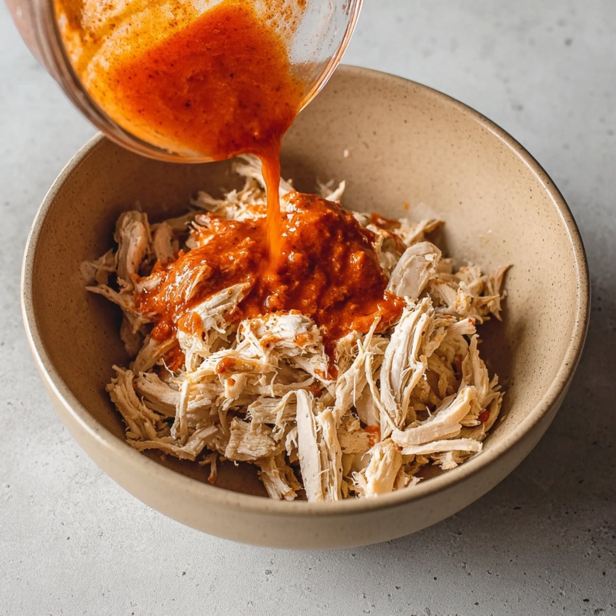 Close up of shredded chicken in a bowl, with spicy sauce being poured over it, adding flavor and moisture to the chicken before wrapping it up.