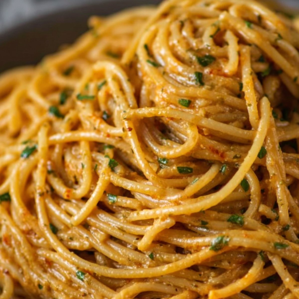 A close-up view of spaghetti pasta coated in a creamy sauce, with hints of parsley scattered on top, showcasing a smooth, velvety texture.