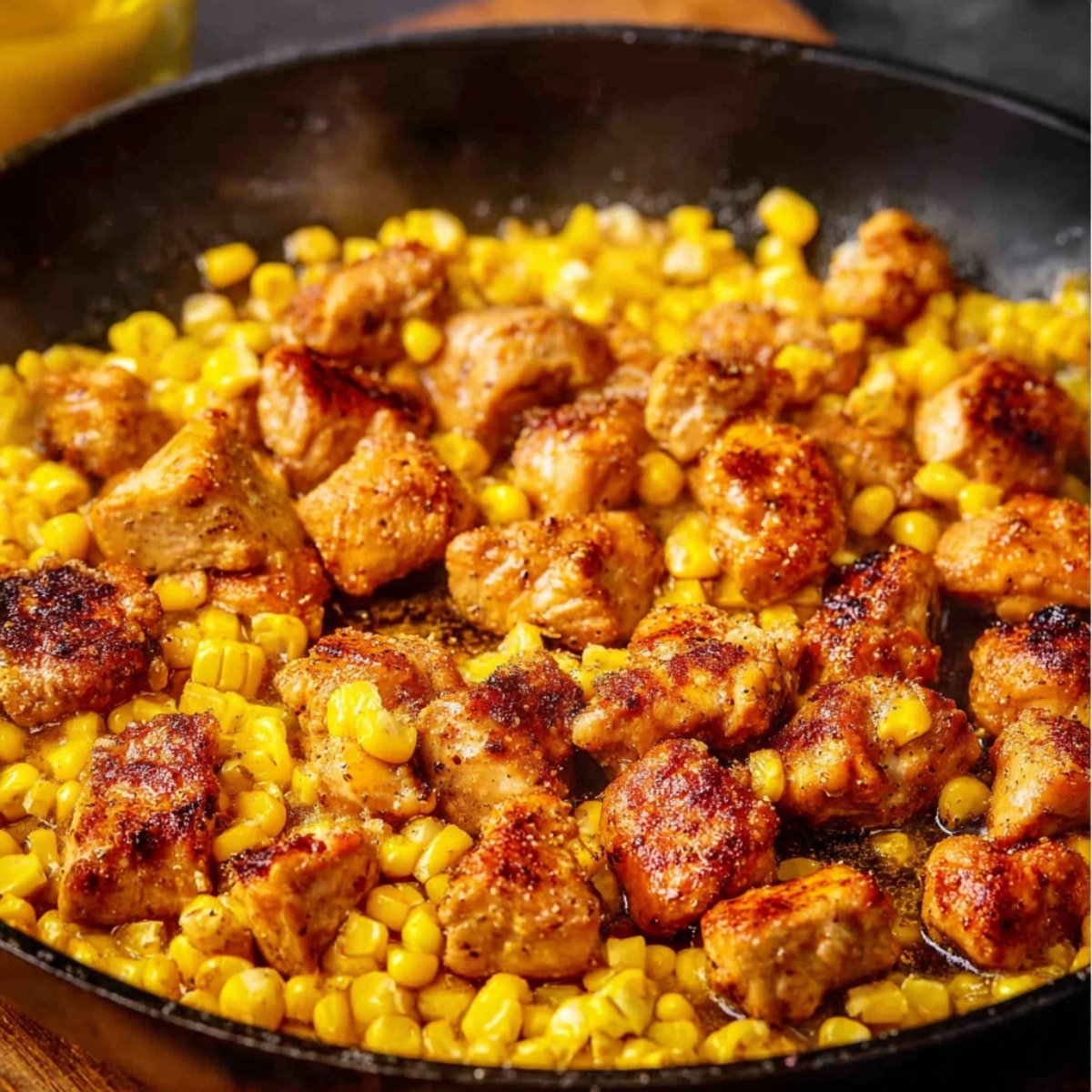 Close up of a skillet filled with tender pieces of chicken and golden corn, both sizzling and browned to perfection.