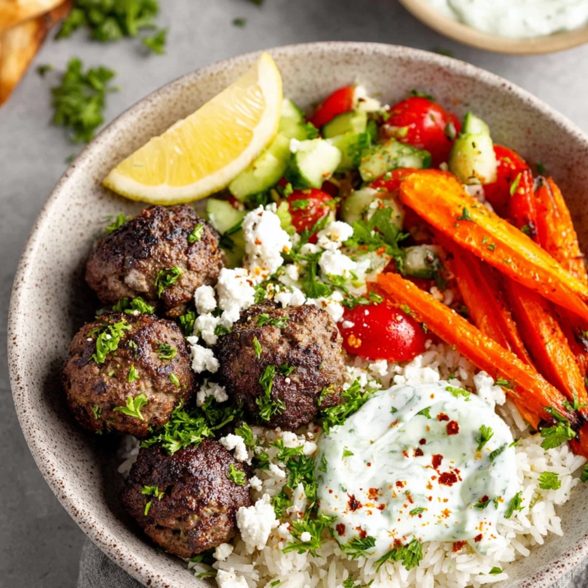 A vibrant Greek meatball bowls with grilled meatballs, served over rice, accompanied by roasted carrots, fresh cucumber-tomato salad, tzatziki sauce, and a lemon wedge.