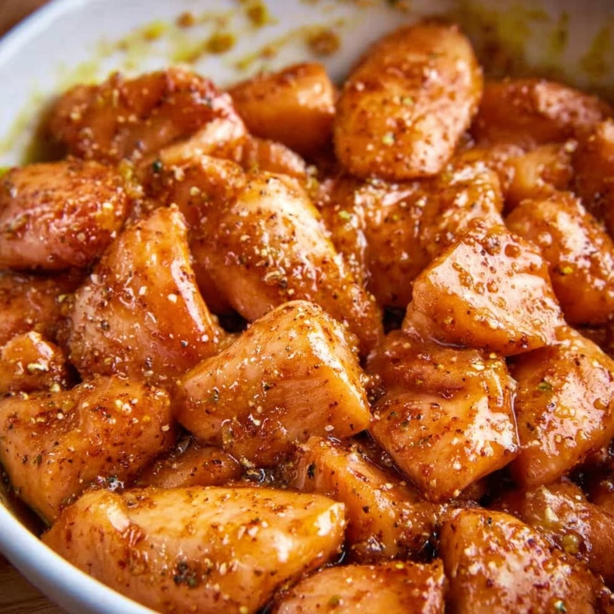 Close up of chicken pieces marinated in a flavorful blend of spices and seasonings, ready for cooking.