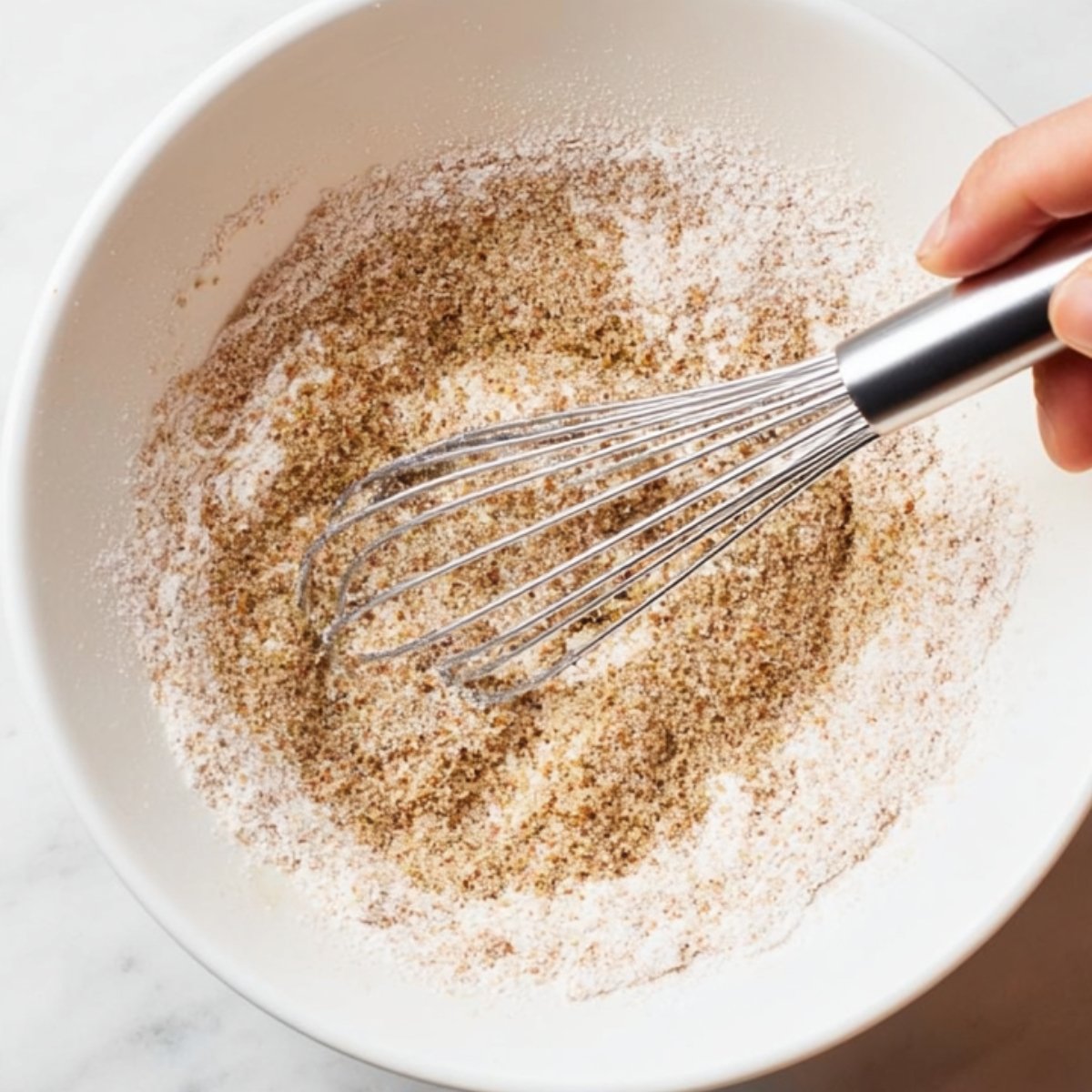 A close-up of a whisk mixing a seasoning blend in a bowl, with the mixture consisting of breadcrumbs, herbs, and spices.