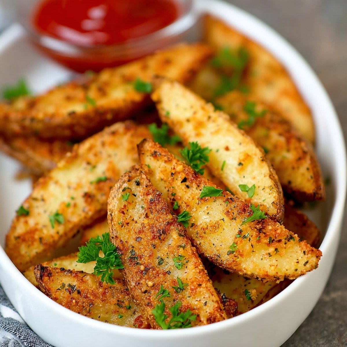 A plate filled with crispy, golden-brown Parmesan potato wedges garnished with fresh parsley, accompanied by a small bowl of ketchup for dipping.