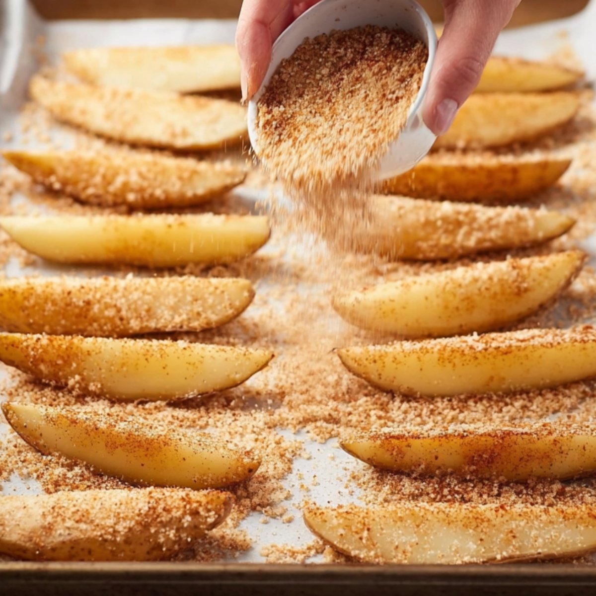 A person is sprinkling a seasoning mixture over raw potato wedges arranged on a baking sheet lined with parchment paper.