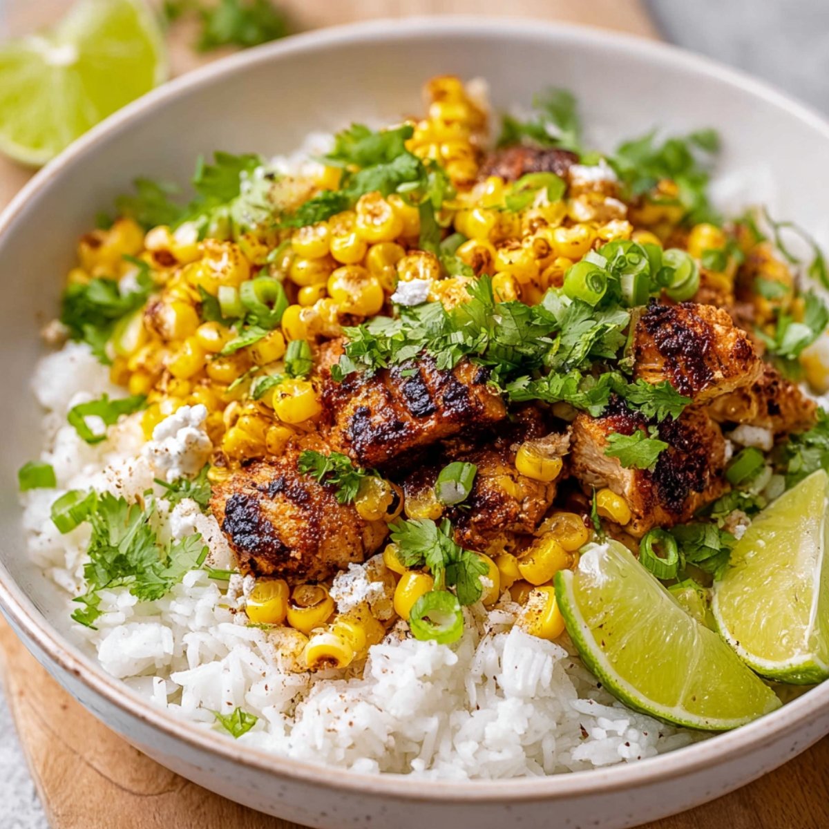 Close up of a delicious Street Corn Chicken Rice Bowl topped with charred corn, cilantro, green onions, and lime wedges on a bed of fluffy white rice.