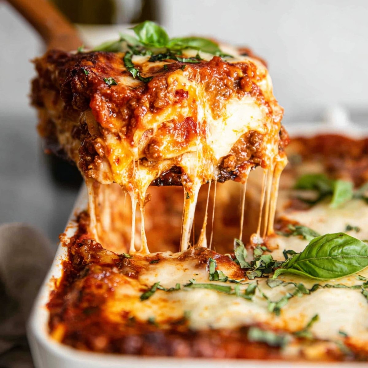Close-up of a slice of homemade lasagna being lifted from a baking dish, with layers of rich meat sauce, melted cheese, and a sprinkle of fresh basil. The cheesy layers stretch invitingly.