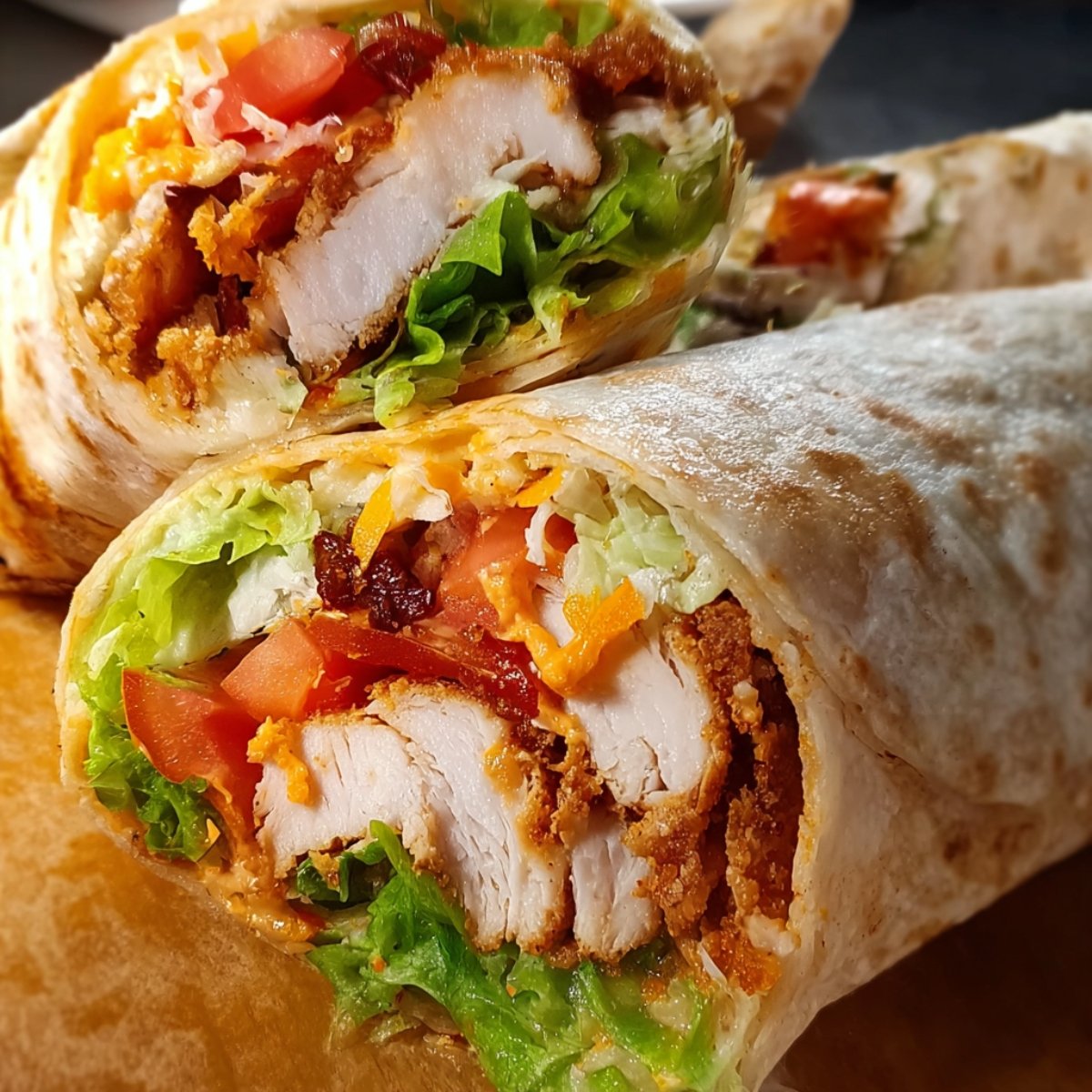 Close up of a finished spicy buffalo chicken wraps, showcasing crispy fried chicken, fresh lettuce, tomatoes, and shredded carrots wrapped in a soft tortilla.