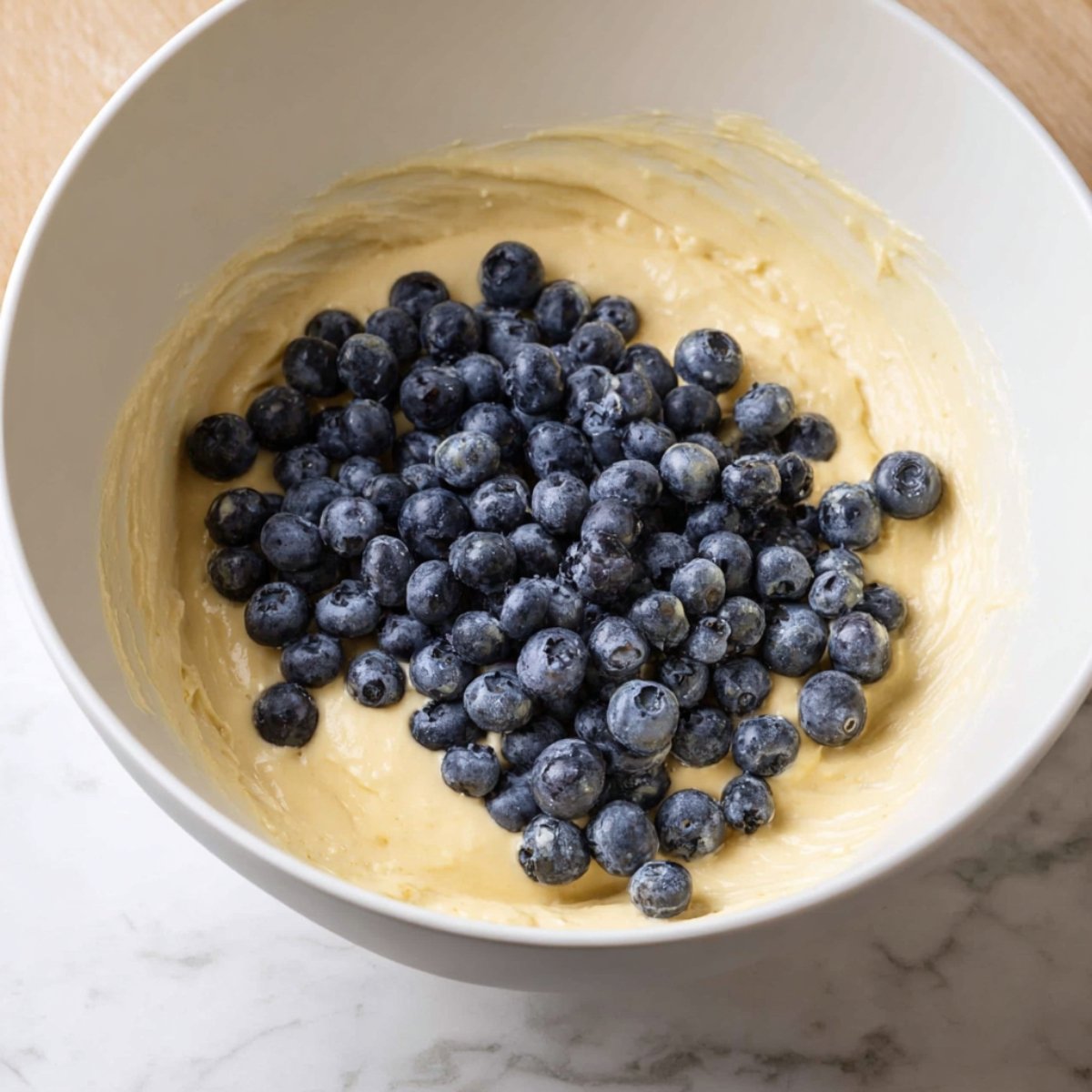 A close-up of a bowl filled with muffin batter, topped with fresh, plump blueberries ready to be mixed in, showcasing the contrast between the creamy batter and the vibrant blueberries.