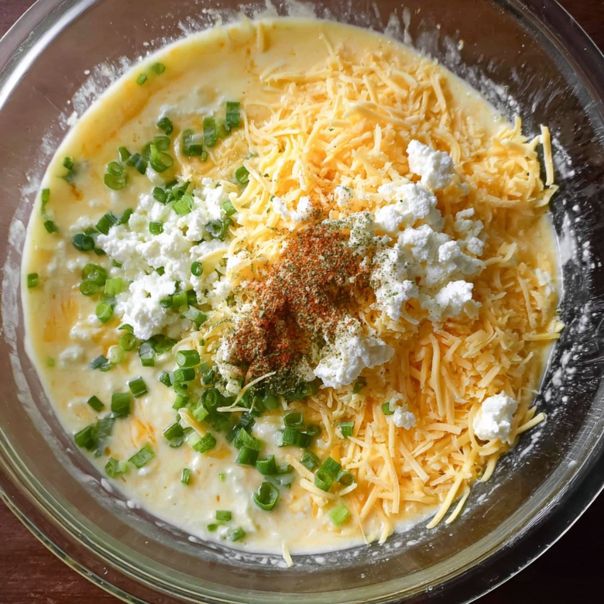 Close-up of cottage cheese, shredded cheese, green onions, and seasonings added to an egg mixture in a glass bowl, ready to be whisked together.