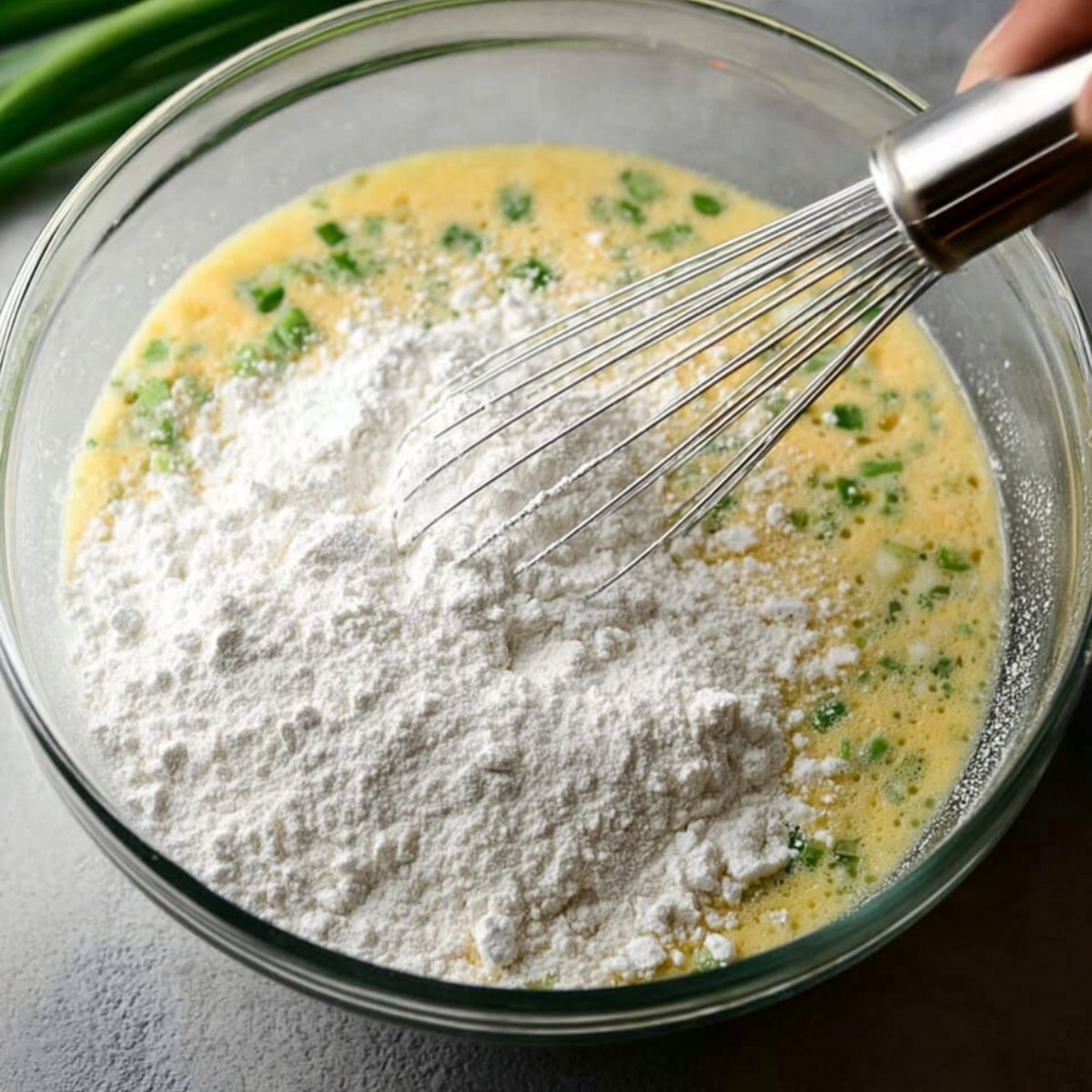 Close-up shot of flour being added to an egg mixture with green onions, with a whisk stirring in a glass bowl.