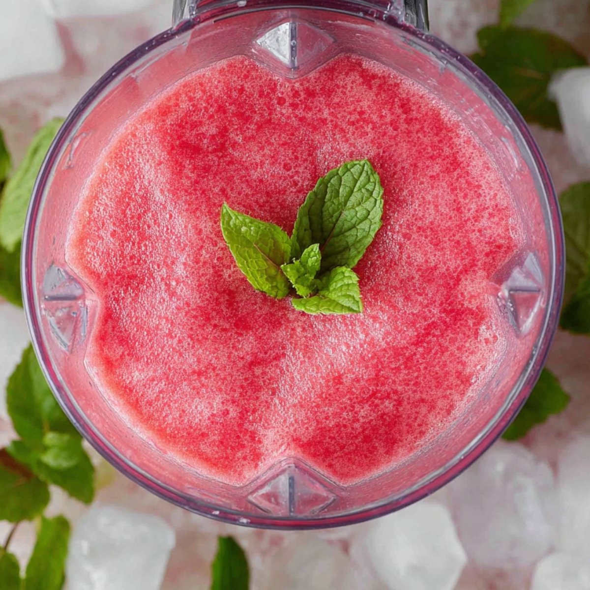 Close up of a blender filled with smooth watermelon slushie, topped with a fresh mint leaf. The vibrant pink slushie contrasts with the mint, set against a backdrop of ice cubes and mint leaves.
