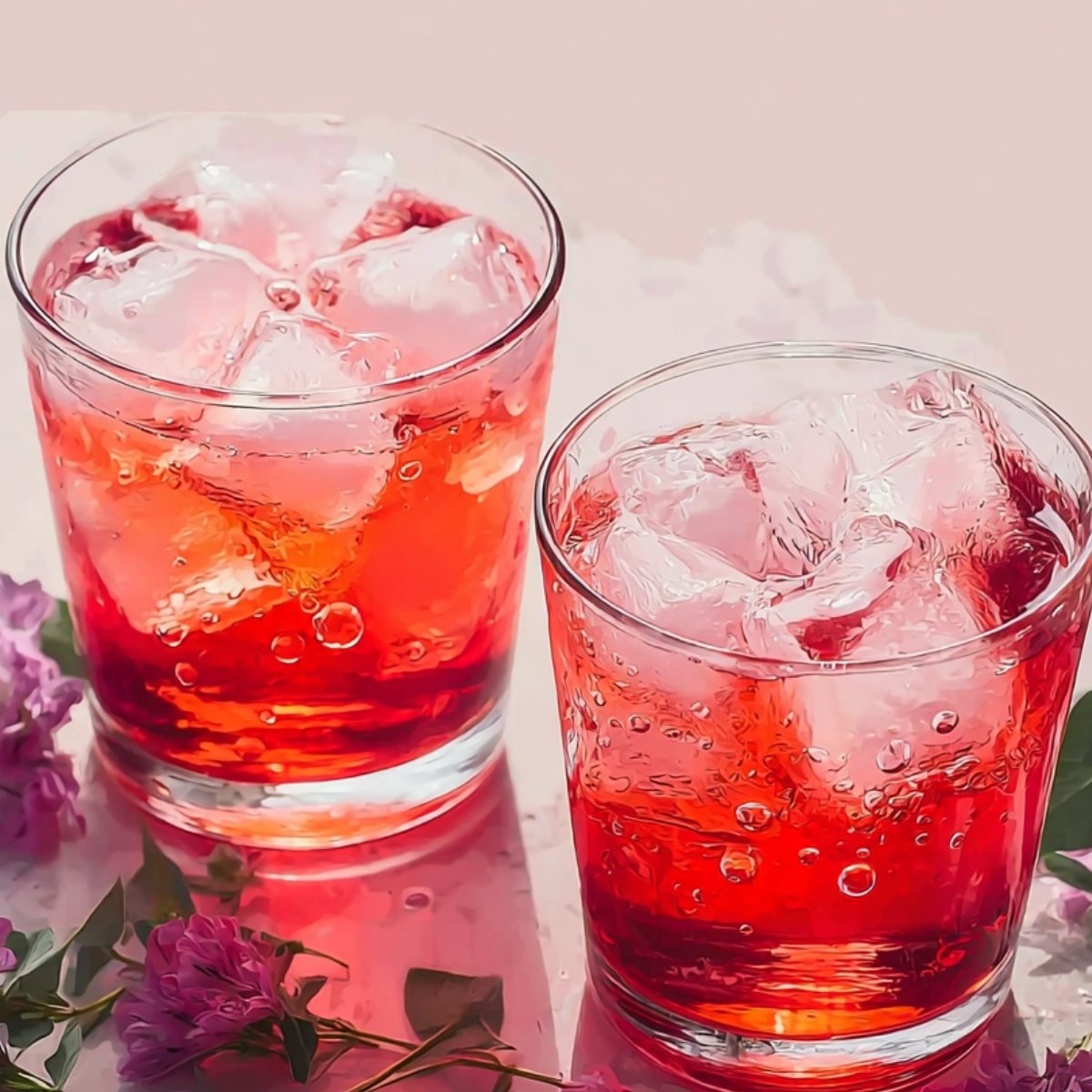 Two glasses filled with a bubbly red beverage and ice cubes, accompanied by fresh purple flowers. The drinks glisten in the light, creating a refreshing and appetizing scene.