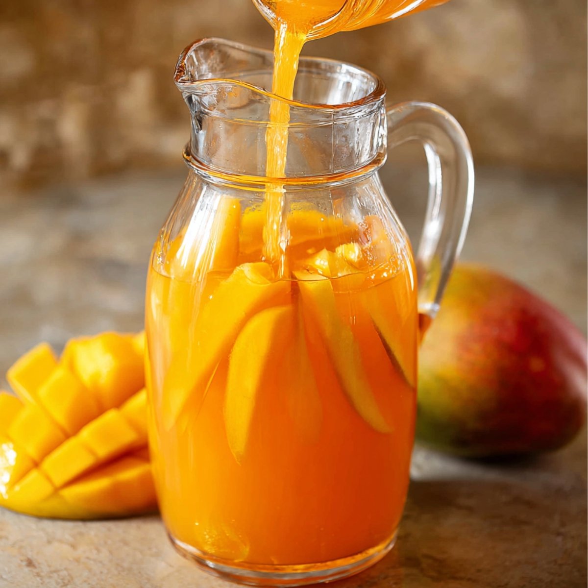 The first image depicts a pitcher filled with a refreshing orange beverage and fresh mango slices. The mango chunks appear to be soaking in the drink, offering a vibrant tropical appearance.