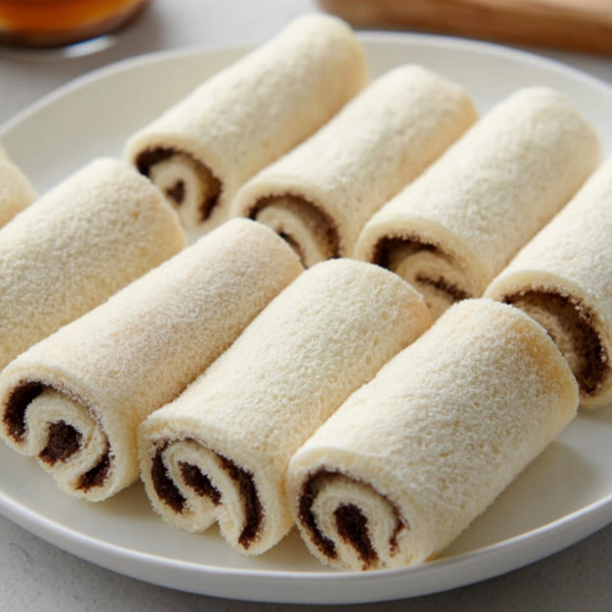 Cinnamon Roll French Toast Roll-Ups stacked neatly on a white plate, dusted with powdered sugar. The rolls have a chocolate filling and are ready to be enjoyed as a delicious breakfast or dessert treat.