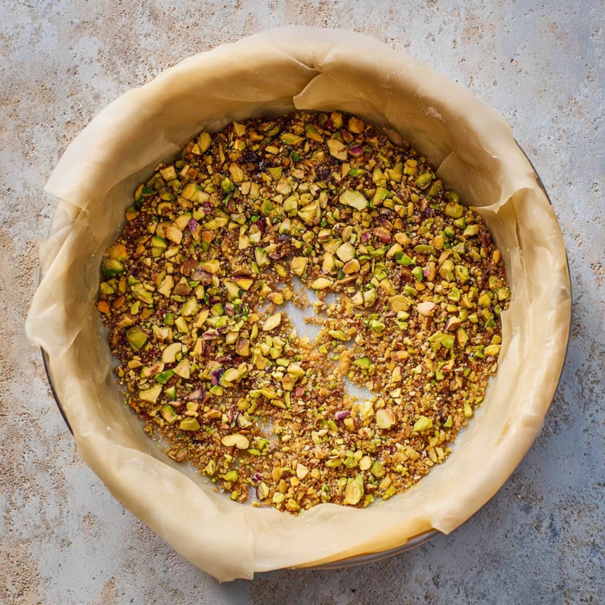 A close-up of a pie or cake pan with crumbled pistachios in the base, lined with parchment paper. The pistachios appear scattered in the pan, forming a crust layer for a dessert.
