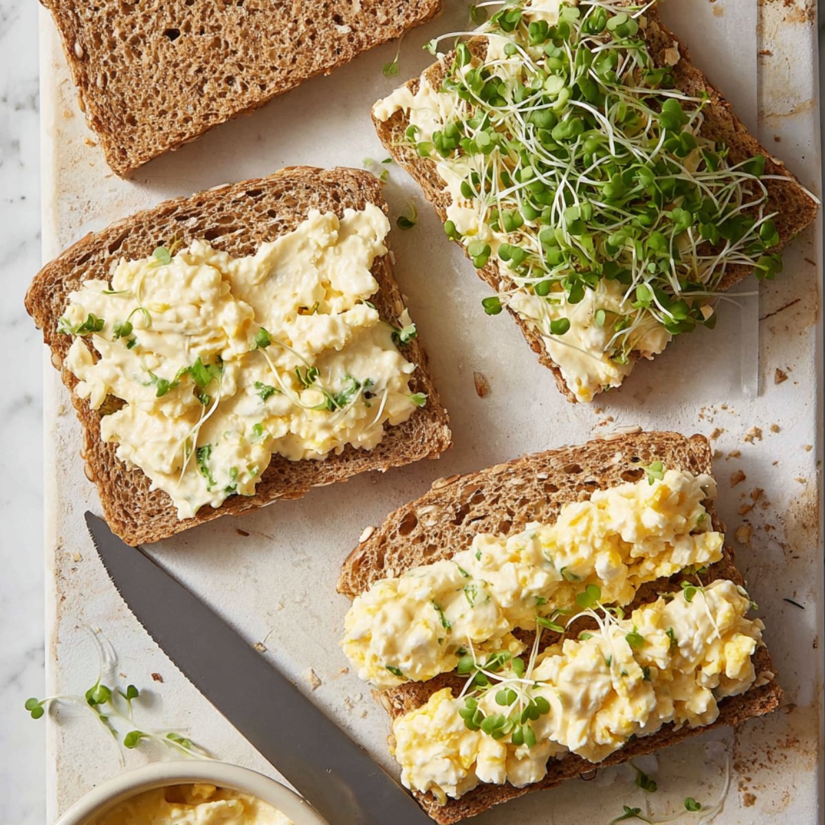 Close up of two slices of whole grain bread with creamy egg mayo filling, one topped with fresh microgreens and the other with a simple egg mayo spread, showcasing the preparation process.