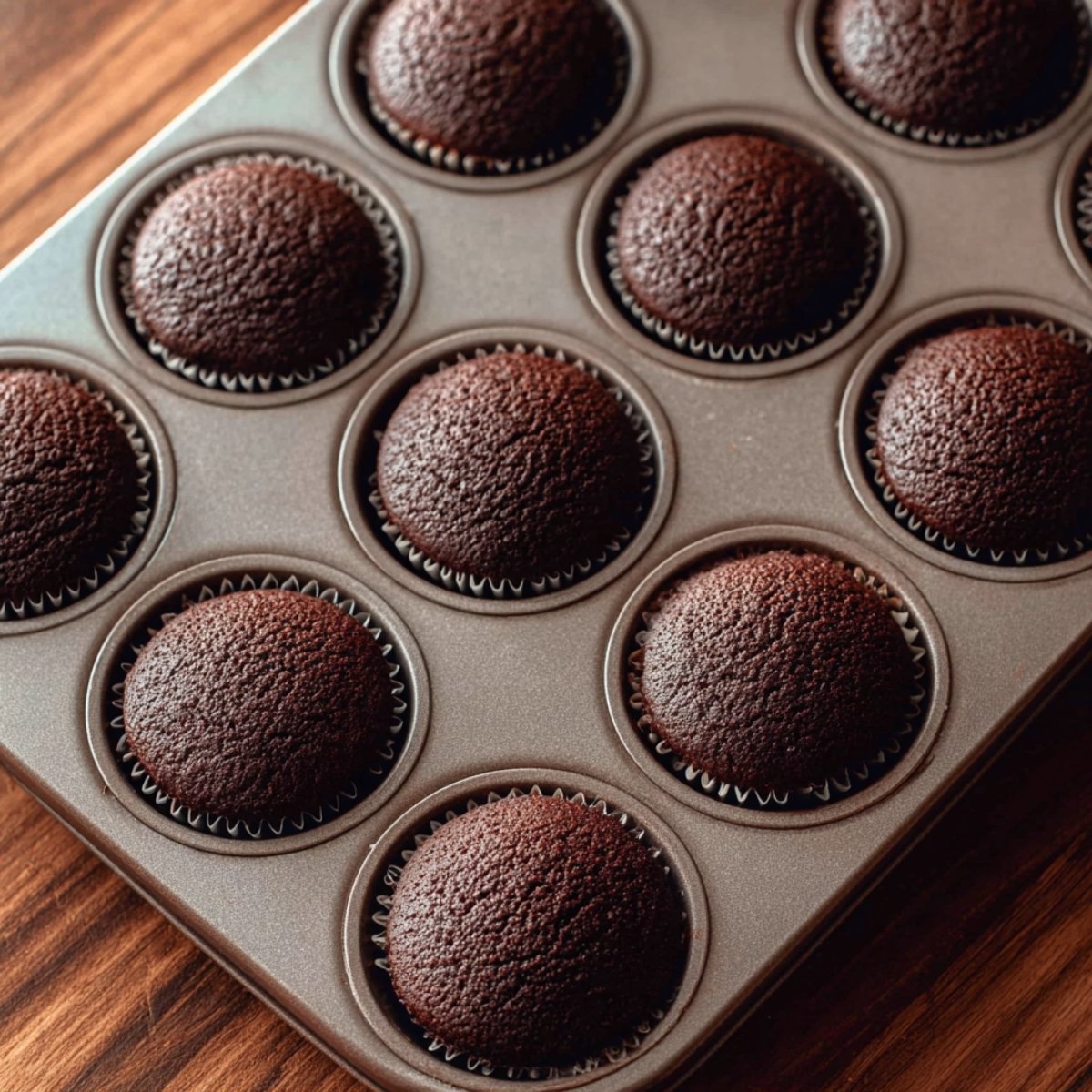 A tray of freshly baked chocolate cupcakes in a muffin tin, showing a rounded dome shape and dark brown color.