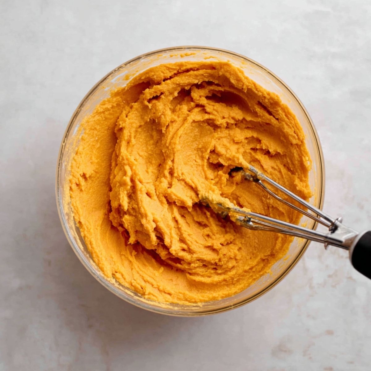 A close-up of creamy mashed sweet potatoes in a glass bowl, with beaters resting in the mixture, showing a smooth, rich texture.
