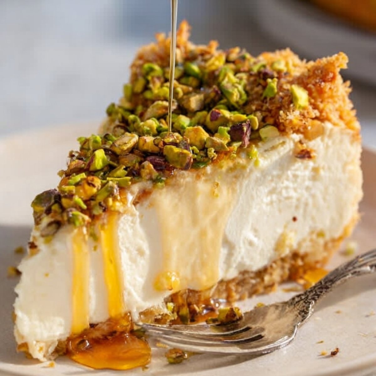 A close-up of a slice of Baklava Cheesecake topped with pistachios, drizzled with syrup. The slice has a rich creamy texture, with the crunchy pistachio topping adding a contrast.