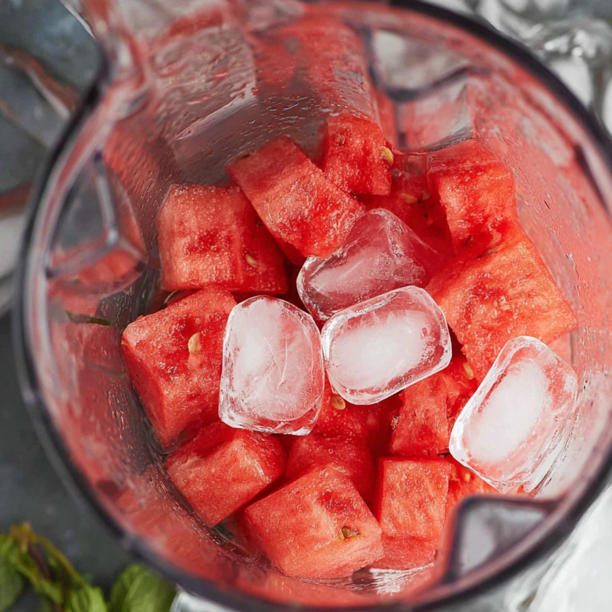 Close up of watermelon chunks and ice cubes inside a blender, ready to be blended into a refreshing slushie. The bright red watermelon and clear ice contrast against the blender’s surface.