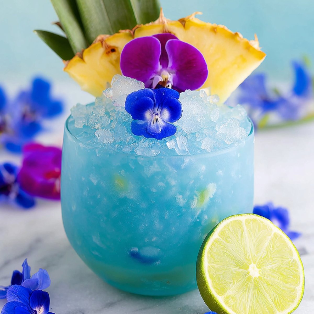 Close up of a Blue Hawaii mocktail, served over crushed ice in a clear glass. The drink is garnished with a slice of pineapple, vibrant purple flowers, and a slice of lime, adding to its tropical charm.