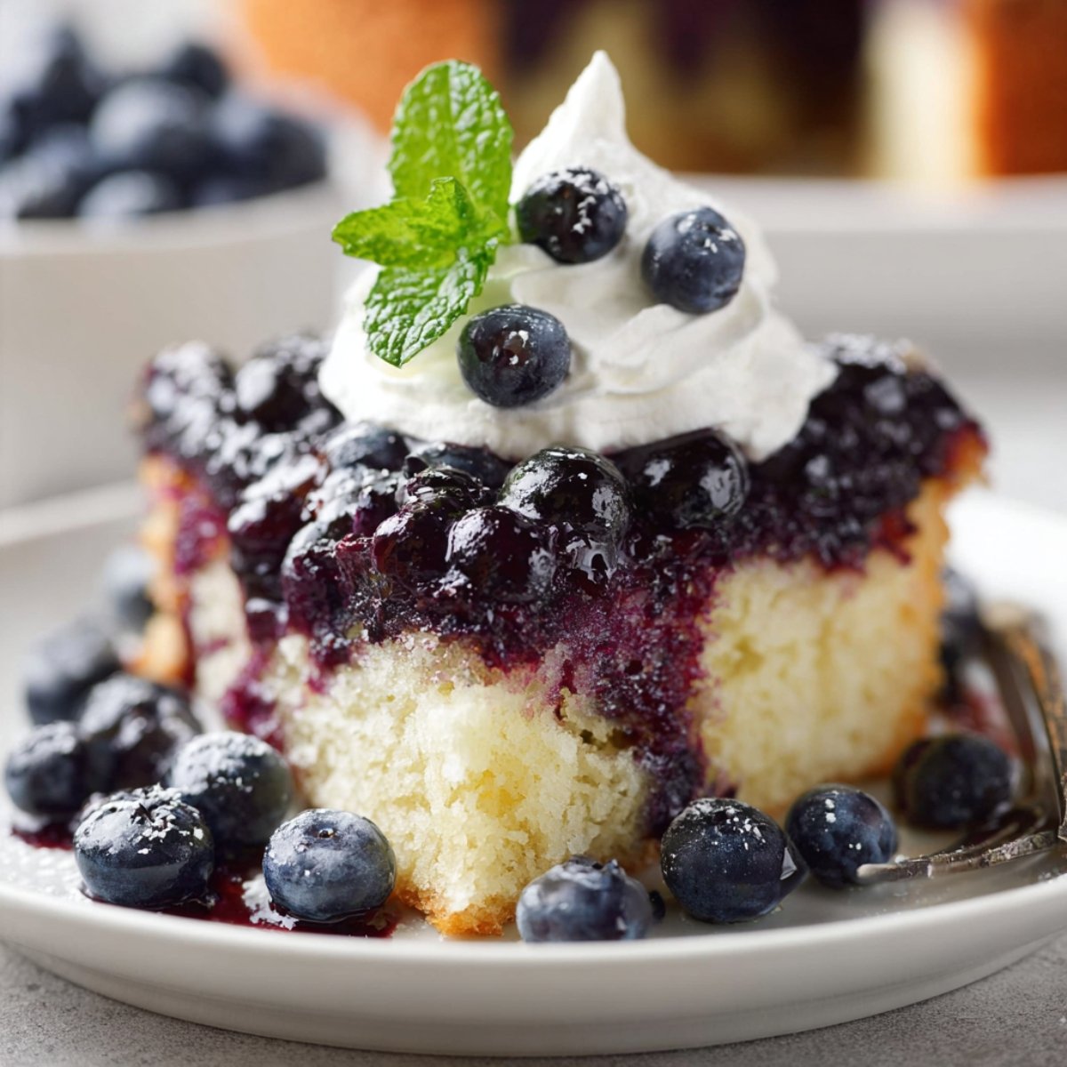 A slice of Blueberry Upside Down Cake served on a plate, topped with fresh blueberries, whipped cream, and a mint leaf.