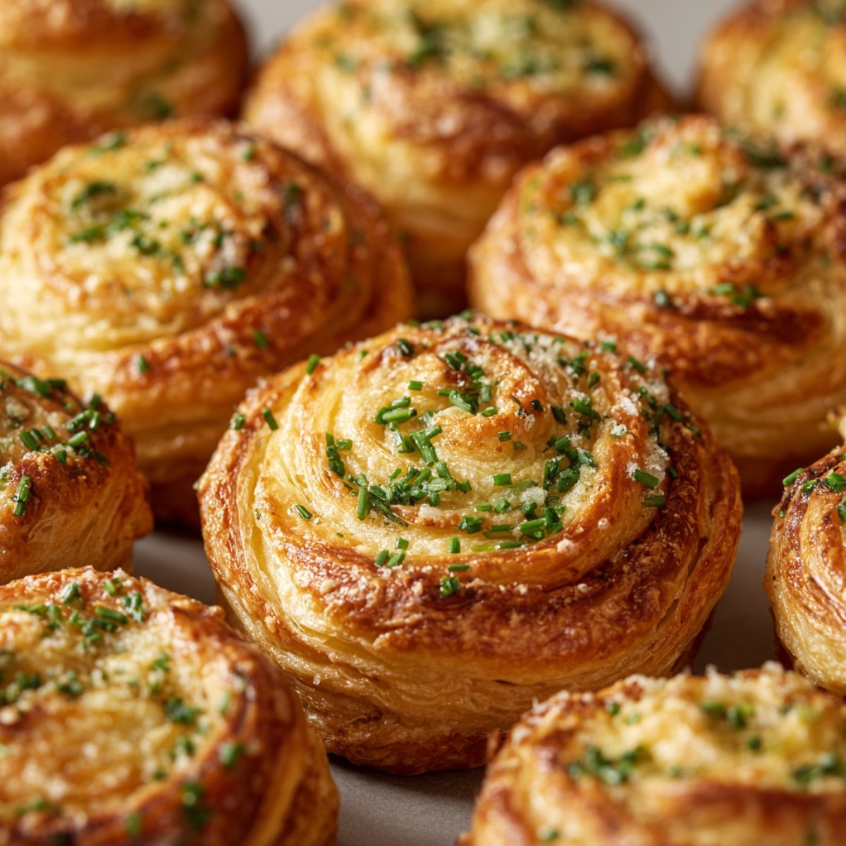The third image displays golden, baked cheesy garlic cruffins with herbs, showing the result of the process. These cruffins appear to have a delicious, flaky exterior.
