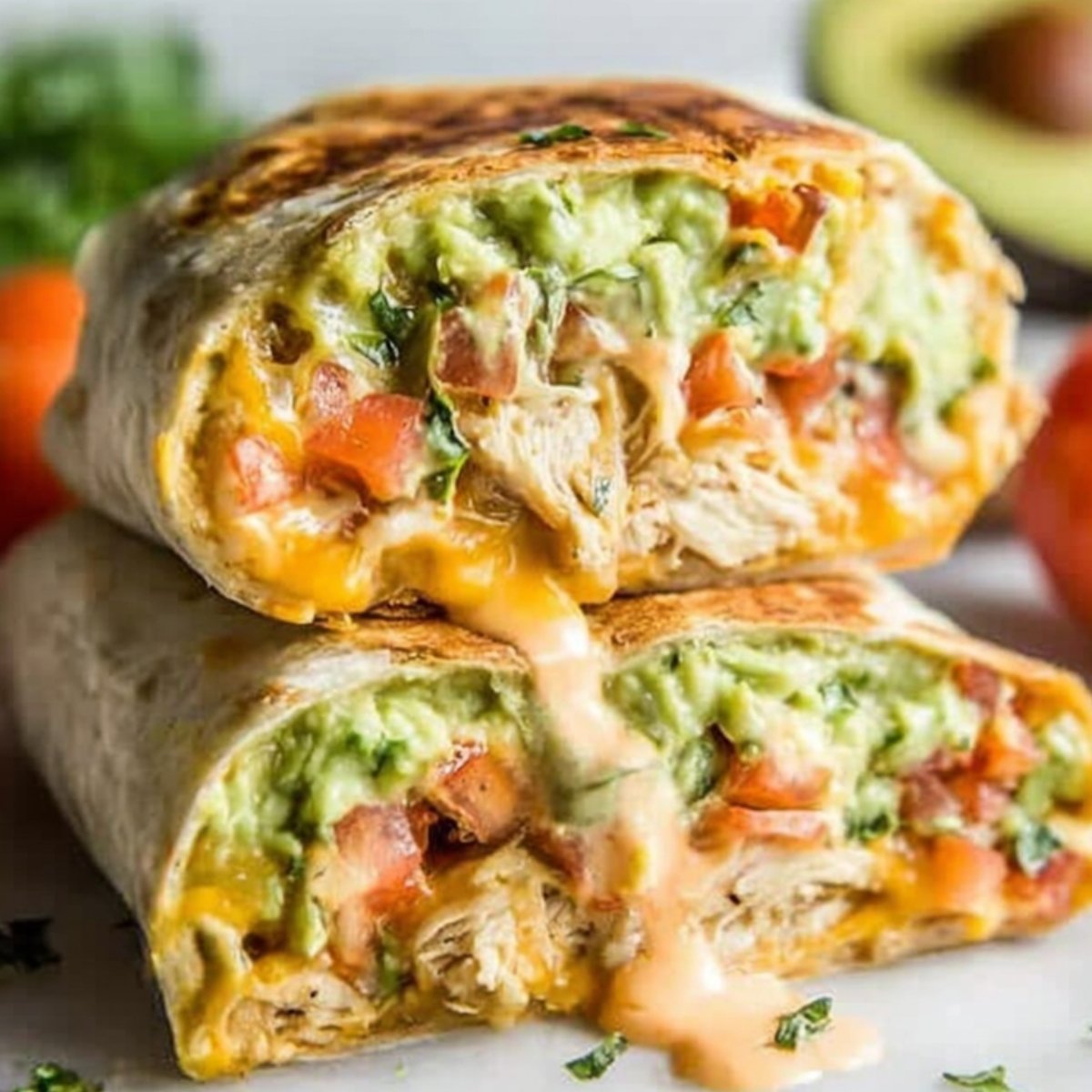 A close-up of a Chipotle Ranch Grilled Chicken Burrito filled with melted cheese, guacamole, tomato, and shredded chicken, sliced in half to show the filling.