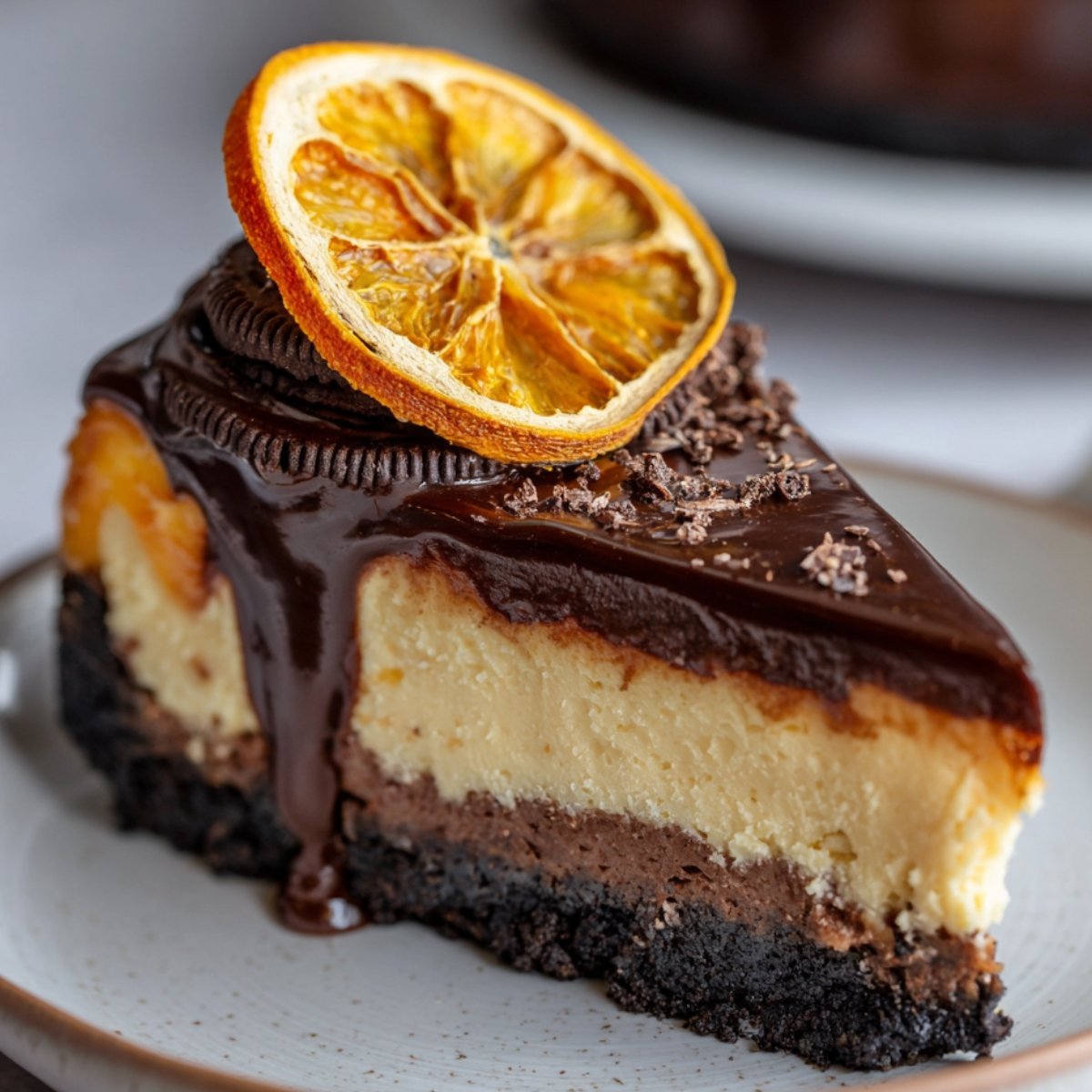 A slice of Chocolate Orange Cheesecake with layers of chocolate and vanilla filling, topped with a slice of dried orange and an Oreo cookie, drizzled with chocolate ganache.