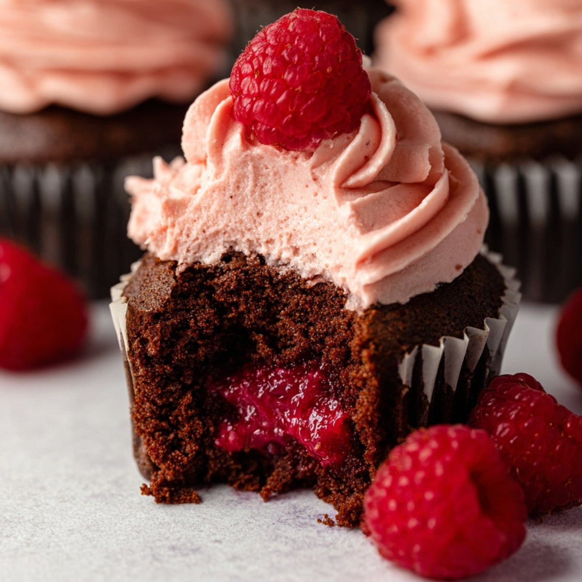 A Chocolate Raspberry Cupcakes filling in the middle, topped with pink raspberry frosting and a fresh raspberry on top, with additional raspberries placed beside the cupcake.