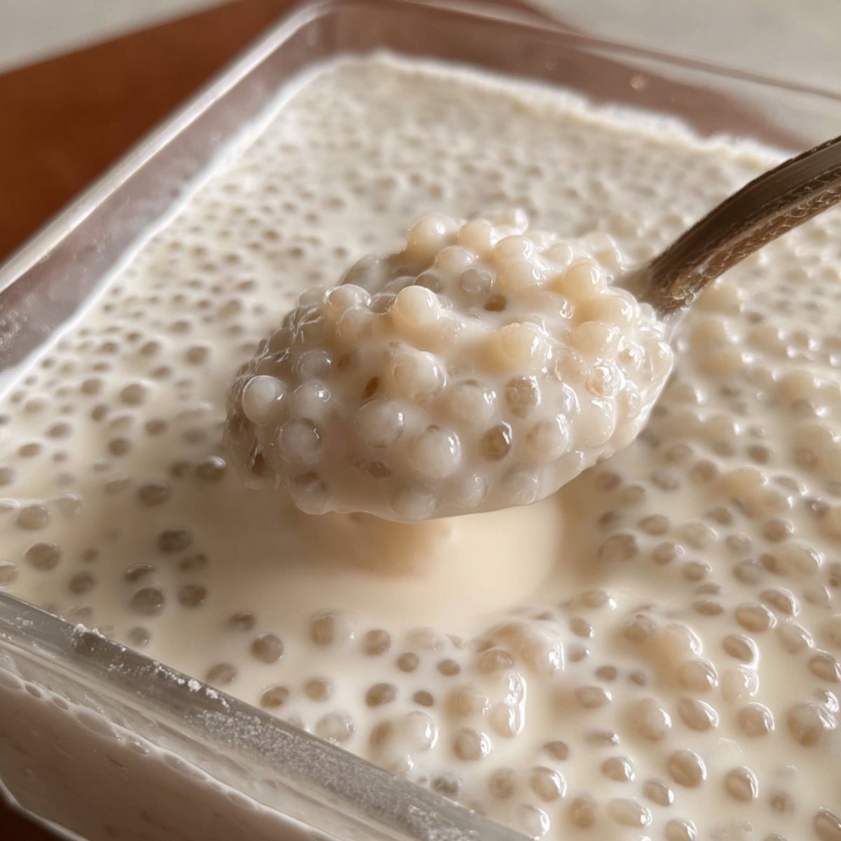 Close up of a spoonful of translucent tapioca pearls in a creamy base, showcasing their smooth texture and delicate appearance.