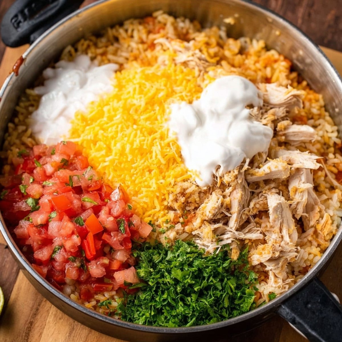 Close up of a skillet with rice, shredded chicken, salsa, cheese, sour cream, and fresh cilantro, ingredients for a chicken casserole.