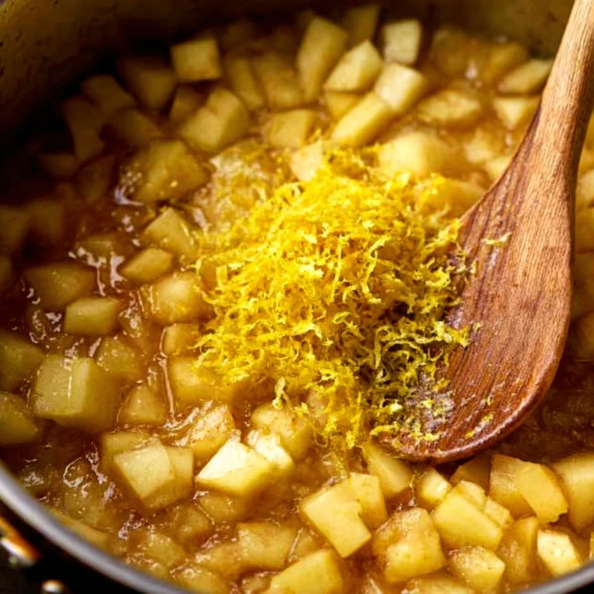A wooden spoon stirring a pot filled with diced apples cooked in a syrupy mixture, with freshly grated lemon zest added to the top.