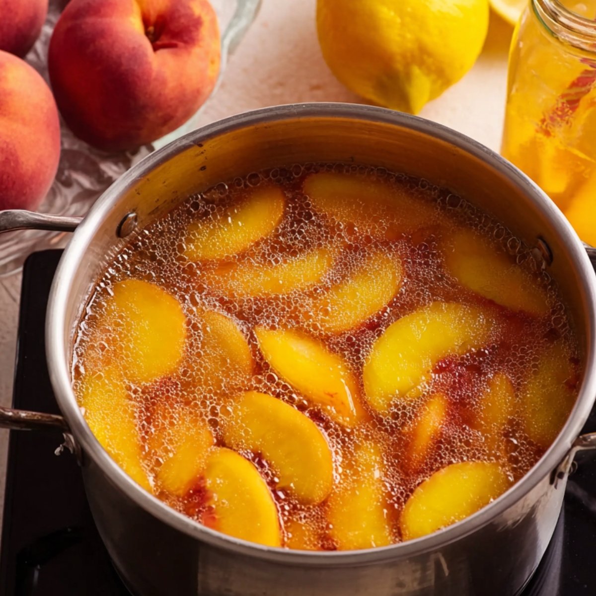 Close up of simmering peach slices in a pot, bubbling gently in a liquid. Fresh peaches and lemons sit nearby, ready to be added.