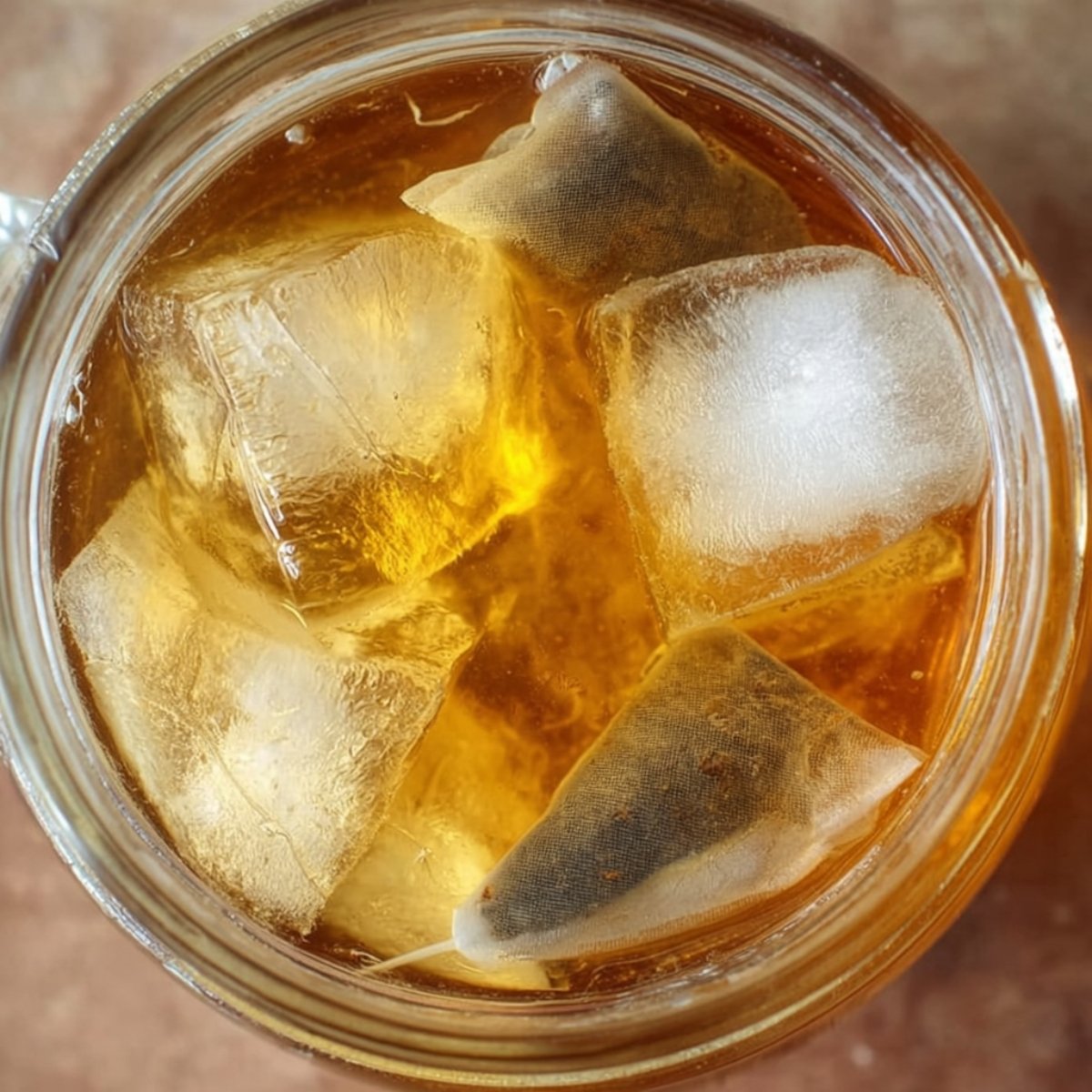 Top-down view of a glass jar filled with iced tea, containing several ice cubes and pyramid-shaped tea bags steeping in amber-colored liquid.