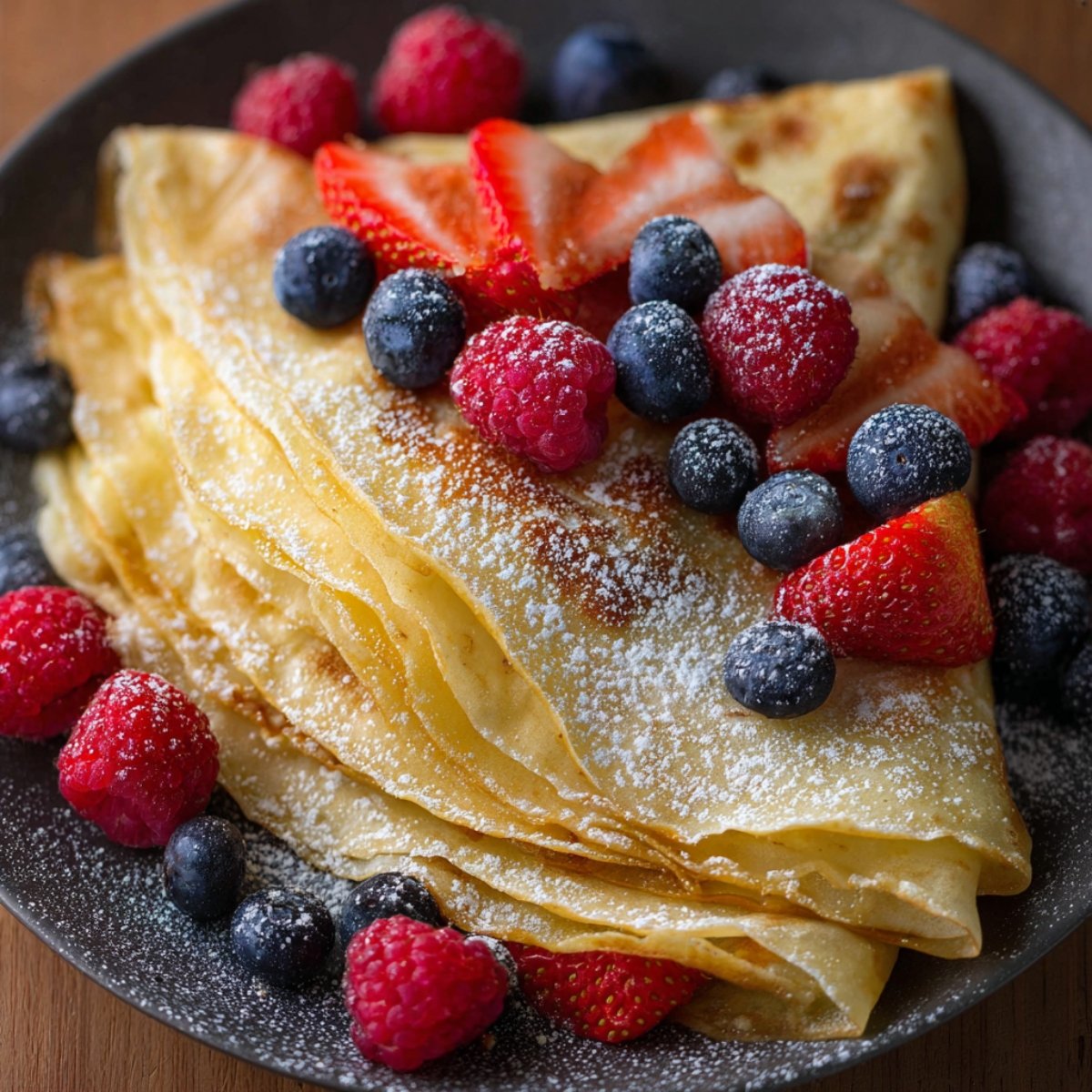 A stack of delicious Crepe Recipe garnished with fresh strawberries, raspberries, and blueberries, lightly dusted with powdered sugar, ready to be served as a sweet breakfast or dessert.