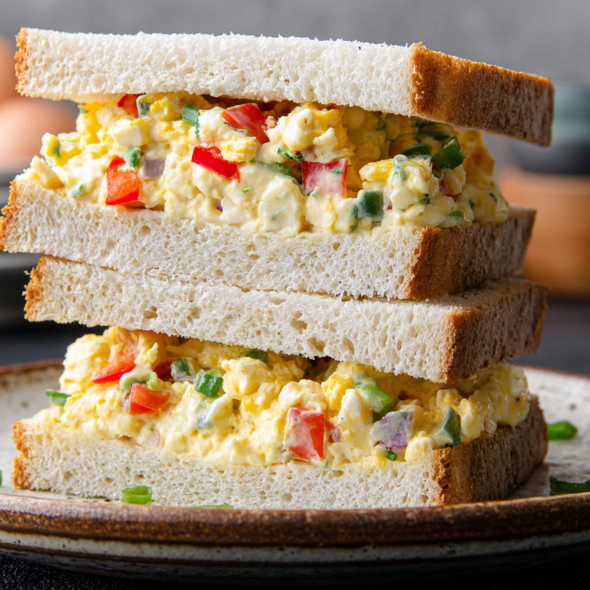 Close up of a stack of egg mayo sandwich, made with white bread and filled with a creamy, colorful mixture of chopped eggs, red bell pepper, and green onions, looking appetizing and fresh.