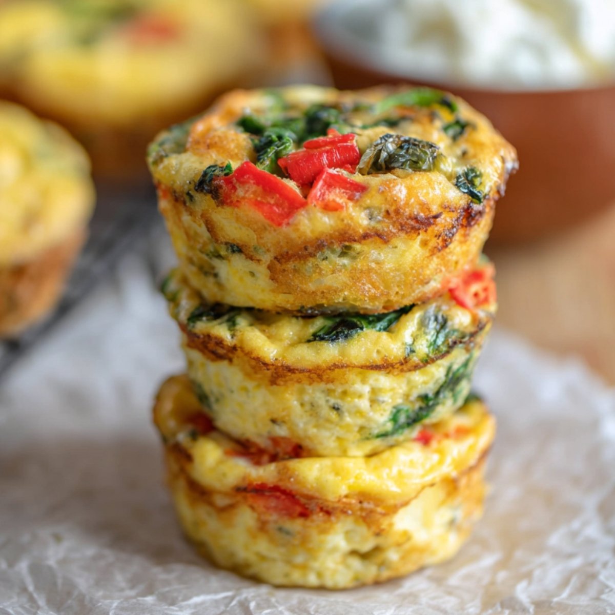 Close-up of stacked, golden, Fluffy Cottage Cheese Egg Muffins with spinach and red pepper, resting on parchment paper, with a side of cottage cheese in the background.