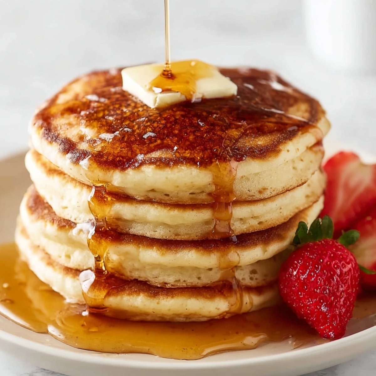 A stack of fluffy homemade pancakes drizzled with syrup and topped with butter, alongside strawberries.