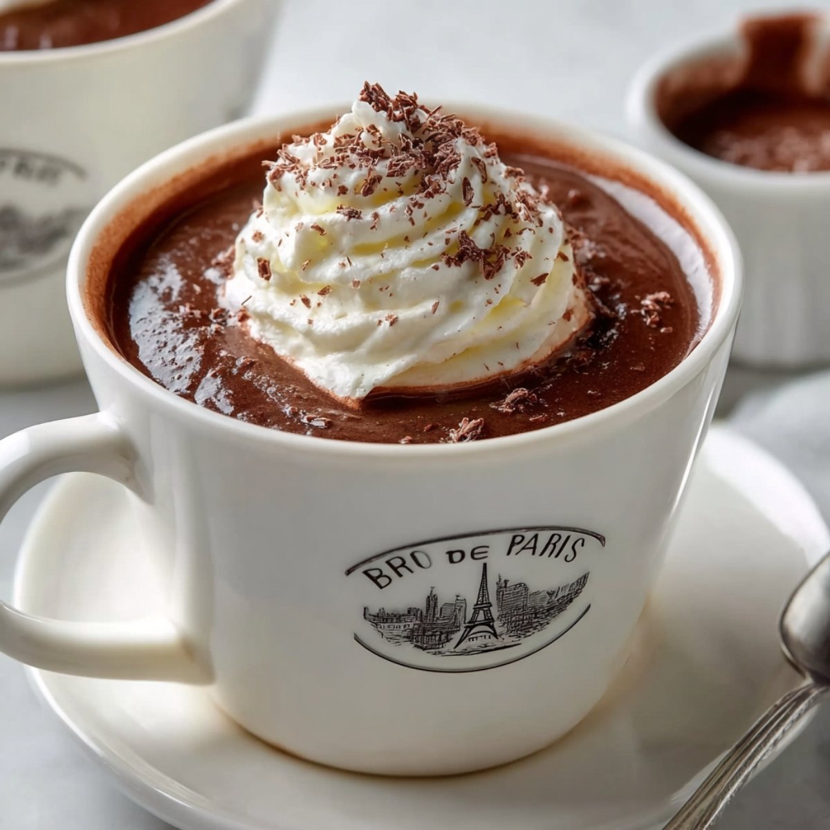 A beautifully crafted cup of French hot chocolate topped with whipped cream and garnished with chocolate shavings. The rich, velvety chocolate in the cup is contrasted against the creamy topping, evoking the indulgence of a classic French dessert.