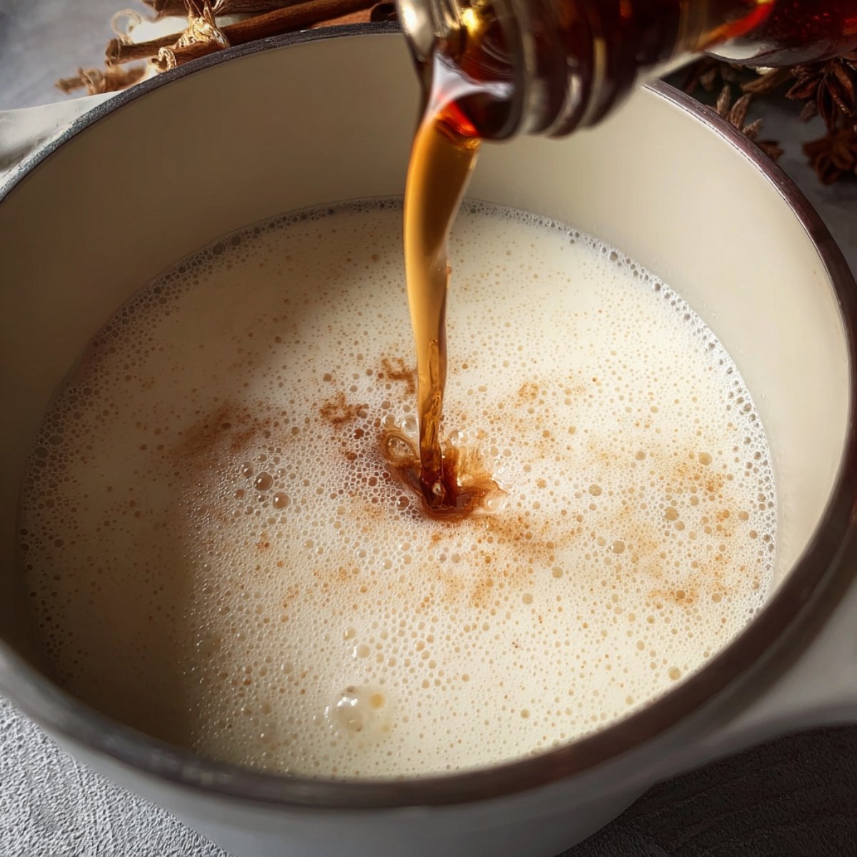 Close up of milk being poured into a pot with the beginnings of a creamy, frothy texture, as a bottle of vanilla extract adds a sweet, aromatic flavor to the mixture, creating the perfect base for hot chocolate.