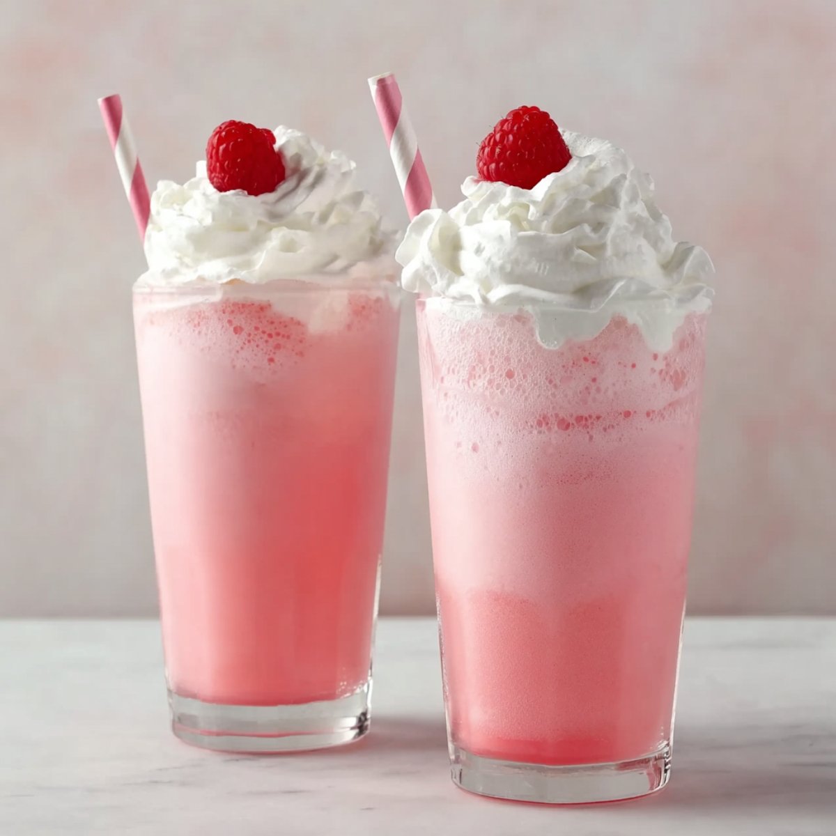 A close-up of two tall glasses filled with pink Italian Cream Soda, topped with a generous swirl of whipped cream and garnished with fresh raspberries. The soft pink background and striped straws enhance the vibrant and inviting appearance of the drinks.
