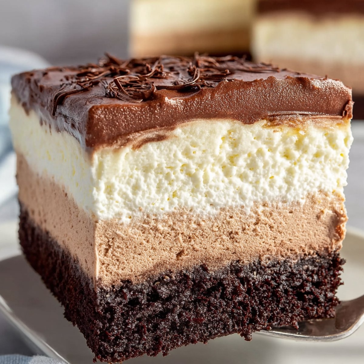 A slice of a Italian Love Cake, showcasing a three-layered treat with a chocolate top, creamy middle, and rich, dark cake base—likely a finished Italian love cake or a similar dessert.