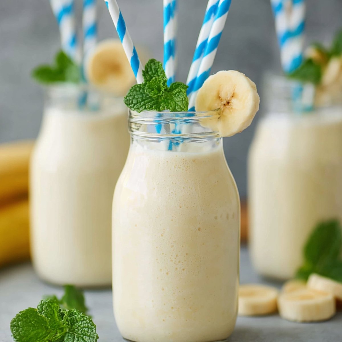 Korean Banana Milk served in glass bottles with blue striped straws, garnished with mint and banana slices.