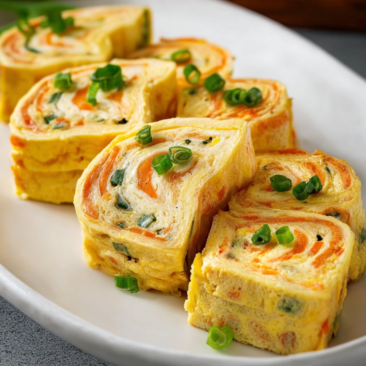 Close up of sliced Korean rolled omelette (Gyeran Mari) on a white plate, revealing colorful layers of eggs, carrots, and green onions in each roll.