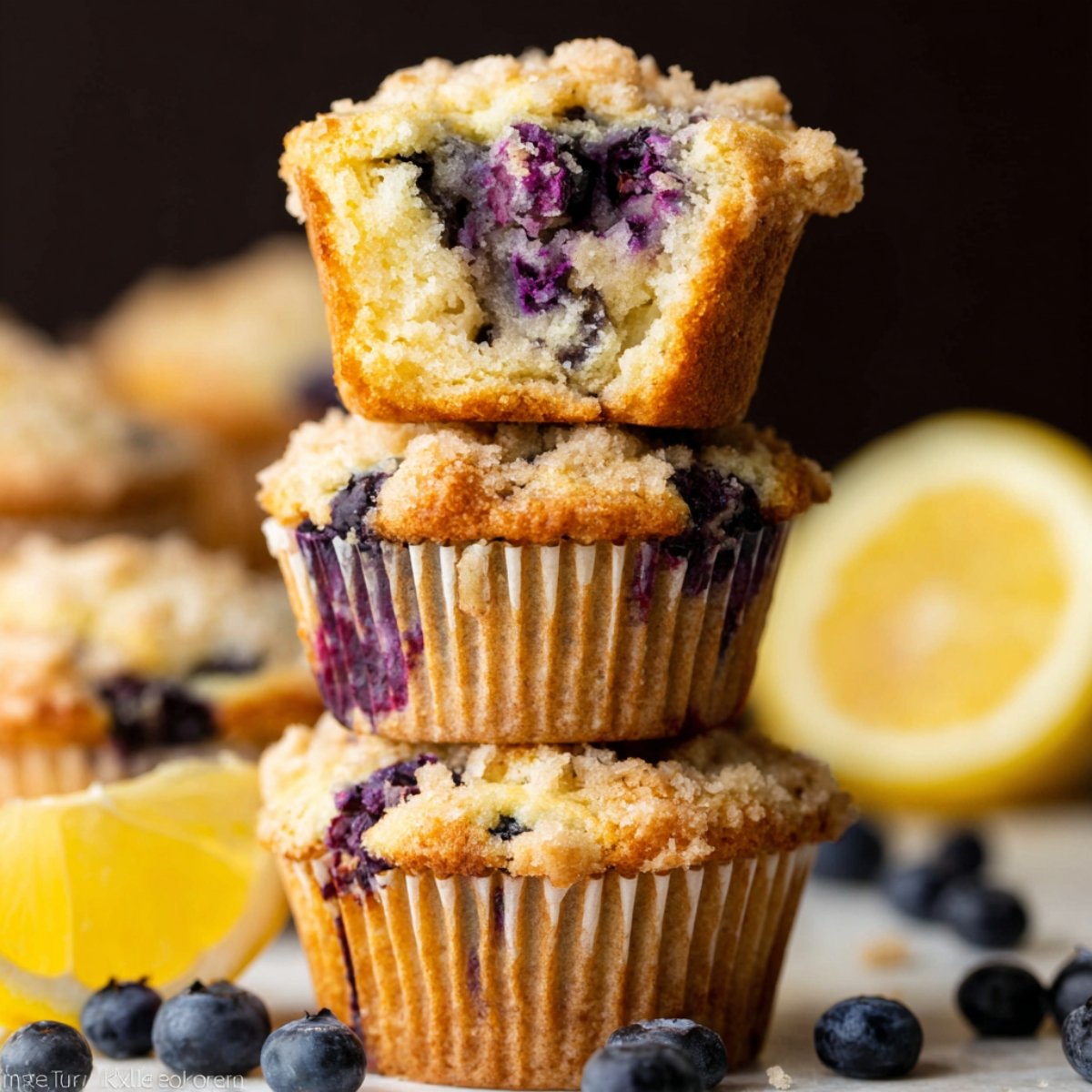 Stacked lemon blueberry muffins with a crumbly topping, one muffin split open to reveal the juicy blueberries inside, surrounded by fresh blueberries and a slice of lemon.