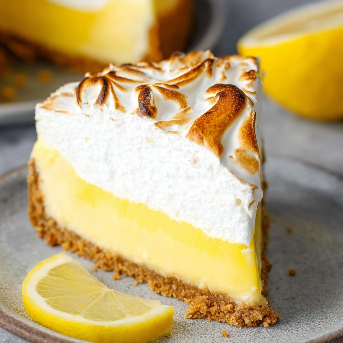 A slice of lemon meringue cheesecake with a graham cracker crust, creamy lemon filling, and toasted meringue topping, served with a fresh lemon slice.