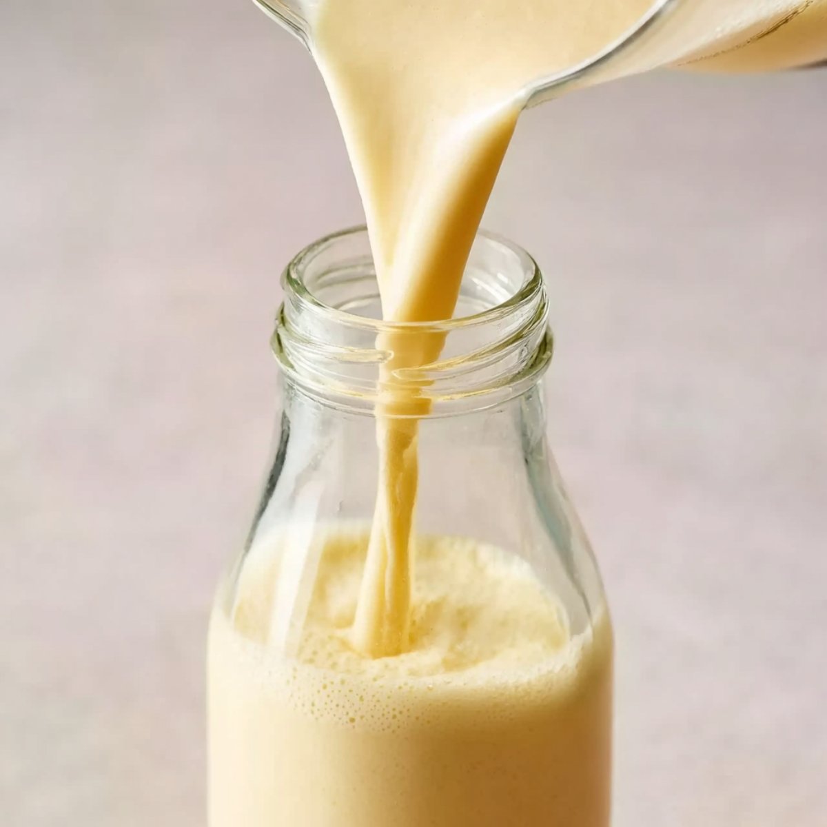 Pouring creamy liquid into a glass bottle.
